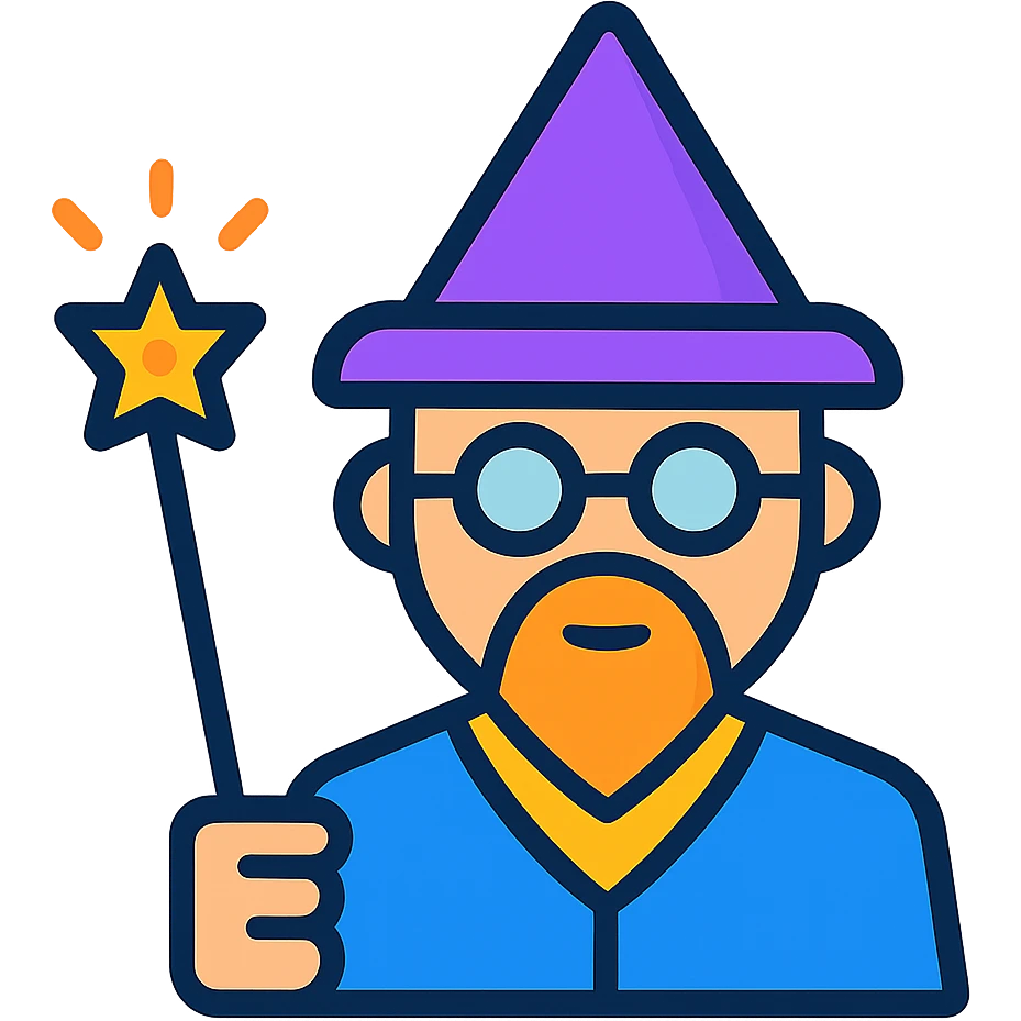 Convert this wizard-like teacher with glasses and a magic stick icon to a color version, using a modern, minimal palette and no background. emoji