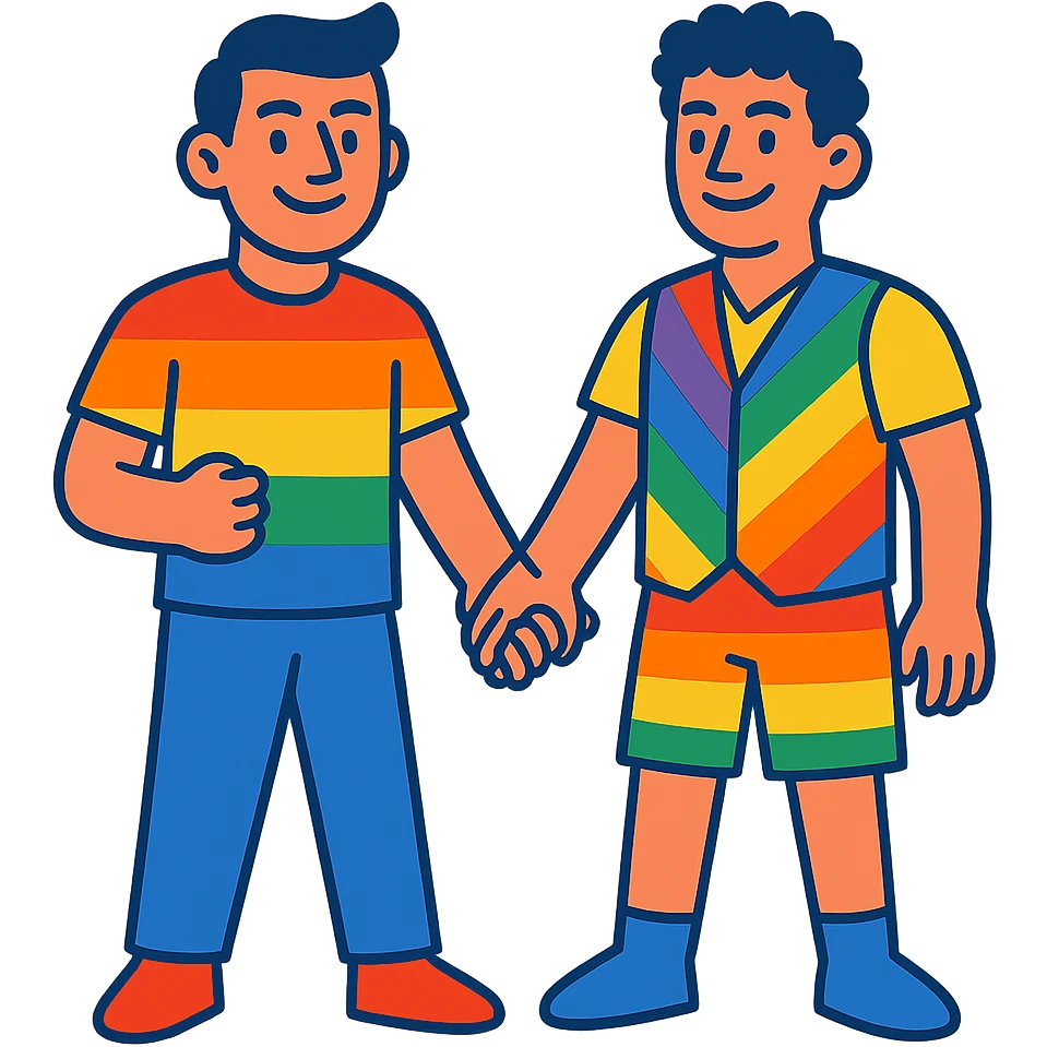 two men holding hands, rainbow clothing, smiling, confident, proud, LGBTQ+ theme emoji