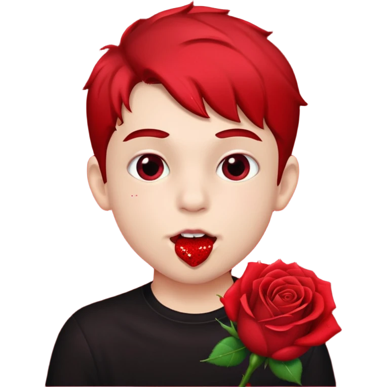 red glitter naughty-looking boy biting a rose in his mouth emoji