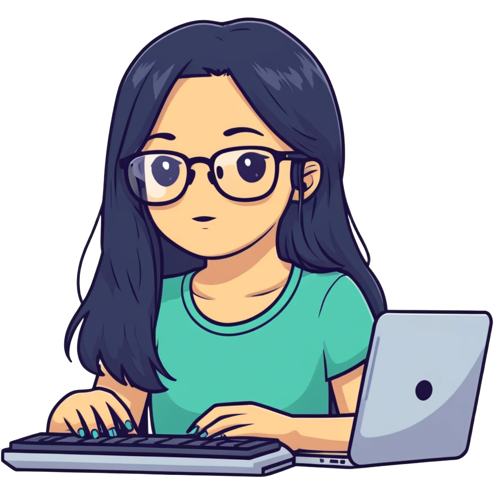 Girl with long black hair, glasses, nostril piercing, and a computer emoji