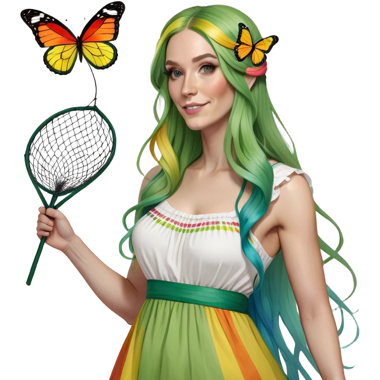 Realistic White woman with long red  rainbow hair no green emoji