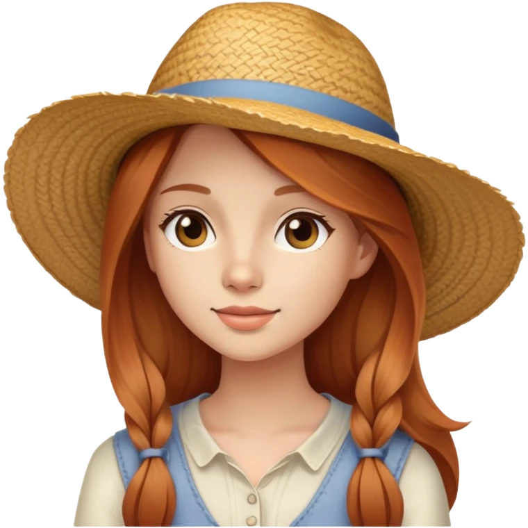 Young lady with light skin, and long sideswept straight light auburn hair, wearing a straw hat emoji