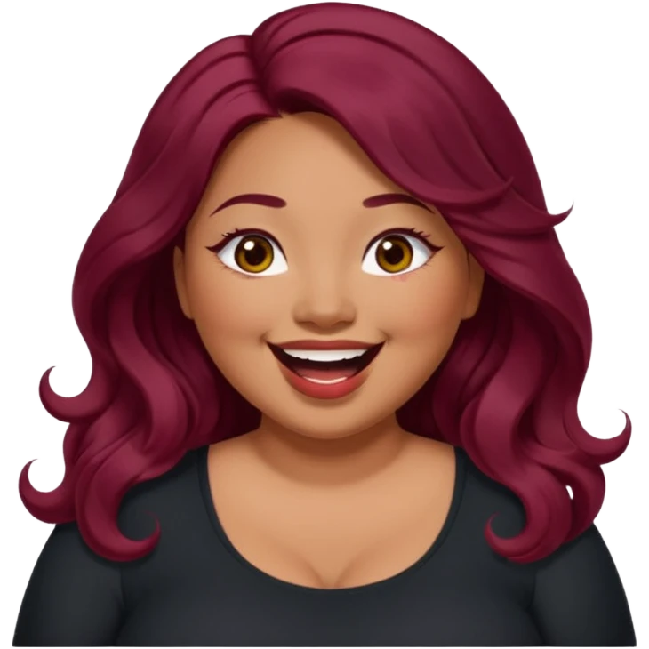 Plus size red hair brown face small eyes long hair Asian eyes small eyes wavy hair eye lashes burgundy hair black shirt laughing small slanted eyes emoji