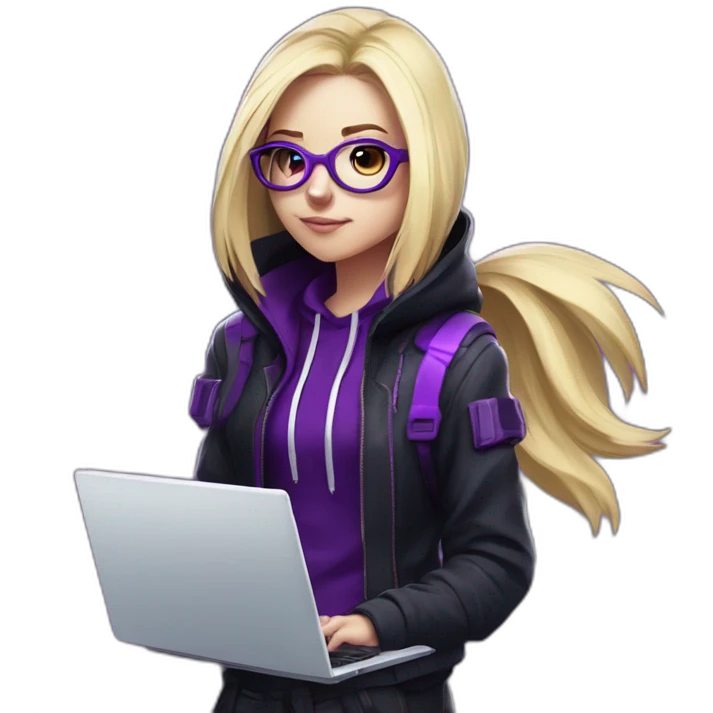Girl blond developer with round glasses left side behind his laptop with this style: Valorant Riot Game purple character purple black hooded hacker  emoji