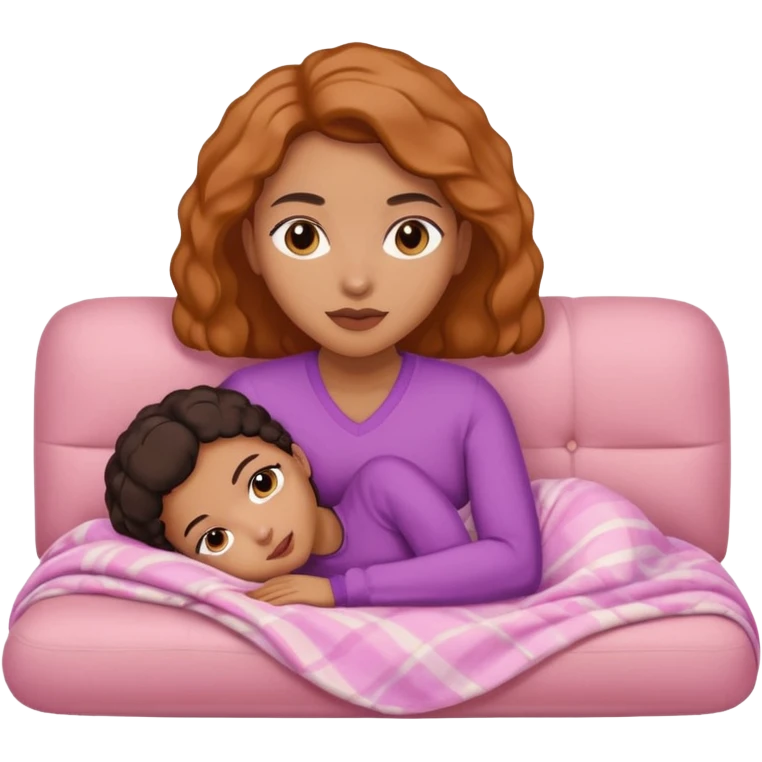 Mixed-race woman with caramel skin, slim thick, lying on a beige sofa with a pastel pink blanket emoji