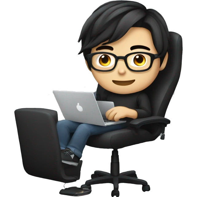 asian boy with glasses, long straight hair, wearing black clothes , working on his laptop seating on a gaming chair emoji