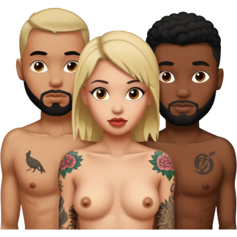 naked tattoed female, 2 black males emoji