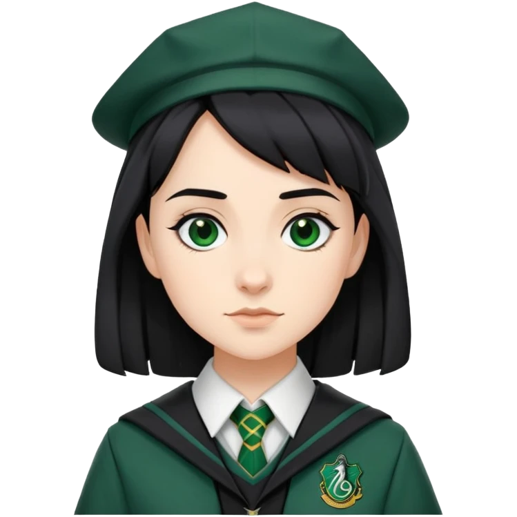 Pansy Parkinson in harry potter, wear hogwarts slytherin uniform, black hair, not wearing hat emoji