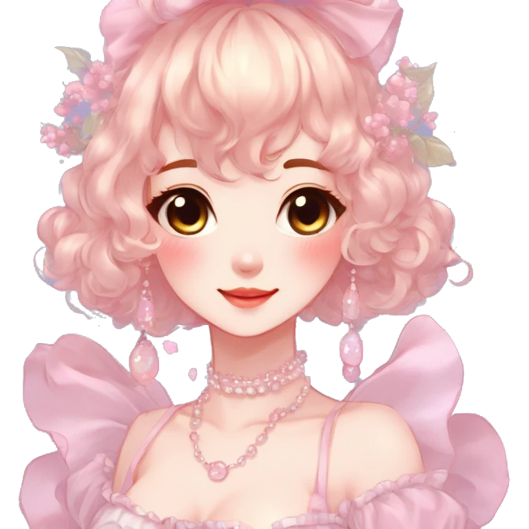 Gorgeous anime style lady with blushing face and accessories cottagecore fairycore Kawaii anime colorful pearly romantic aesthetic trending style emoji