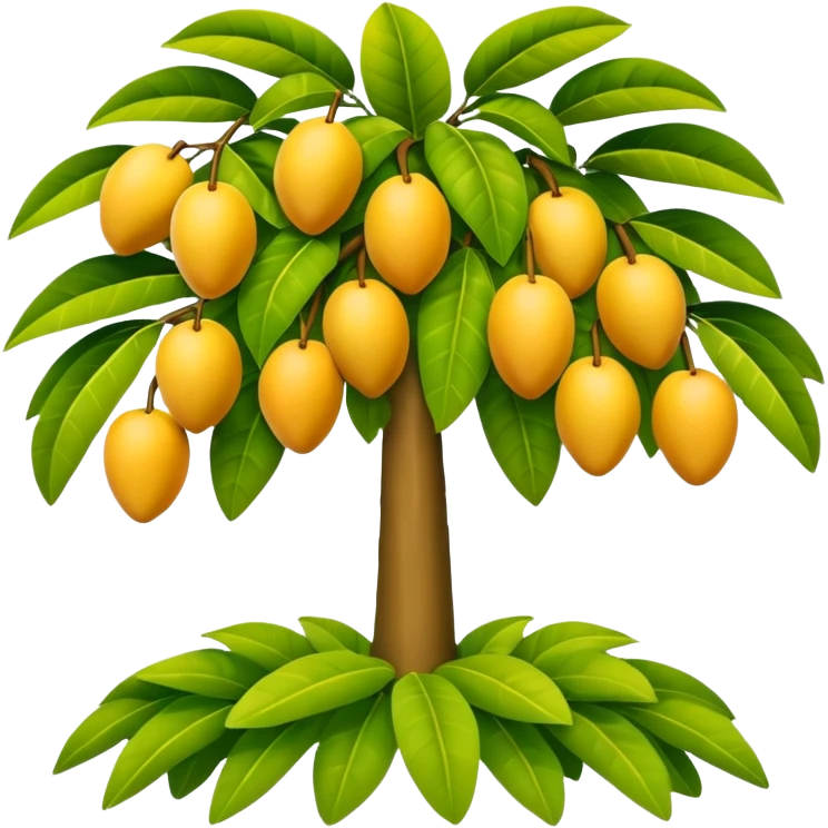 A 3D cartoon mango tree with golden-yellow mangoes visible among dense leaves, sunny atmosphere, Memoji-style rendering. emoji