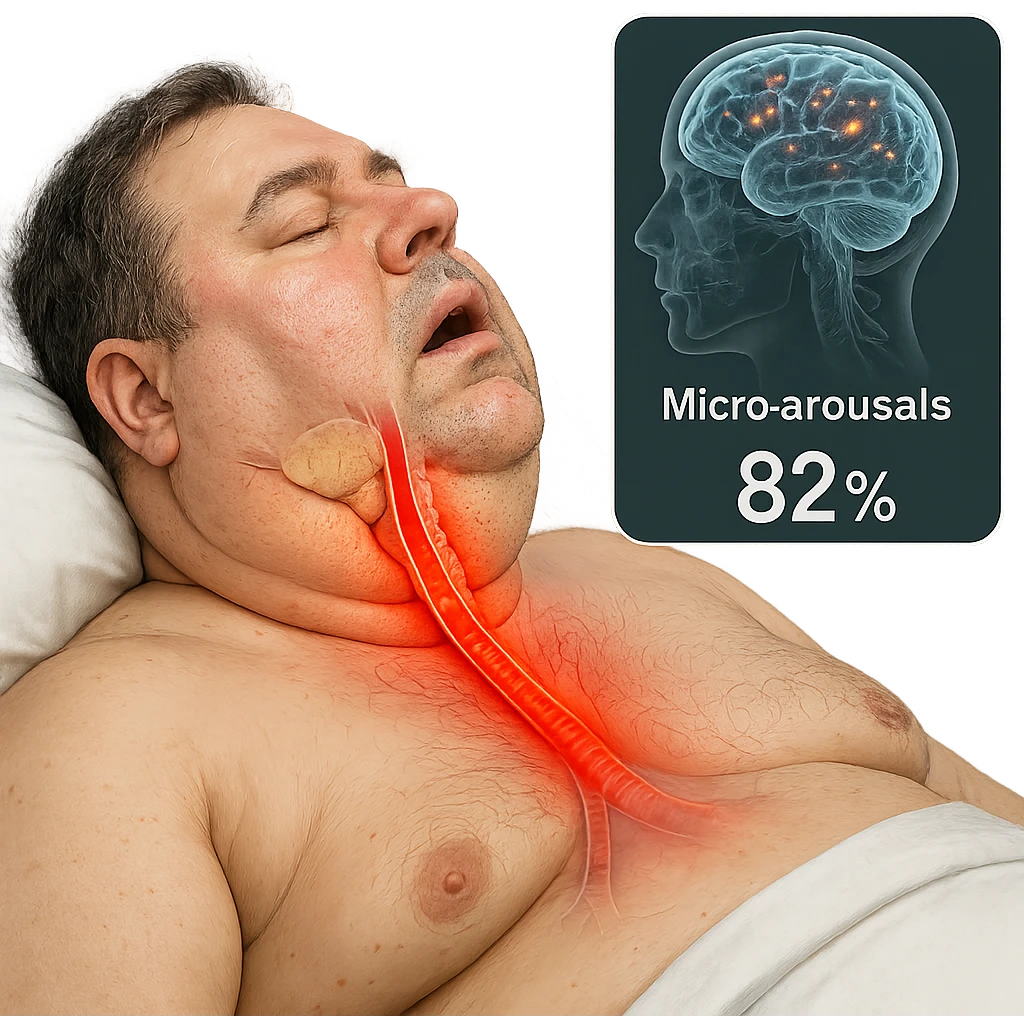 hyper-realistic medical CGI of overweight man in bed, airway narrowed by neck fat, trachea with red heat map, oxygen at 82%, brain scan overlay with micro-arousals, 4K, clinical emoji