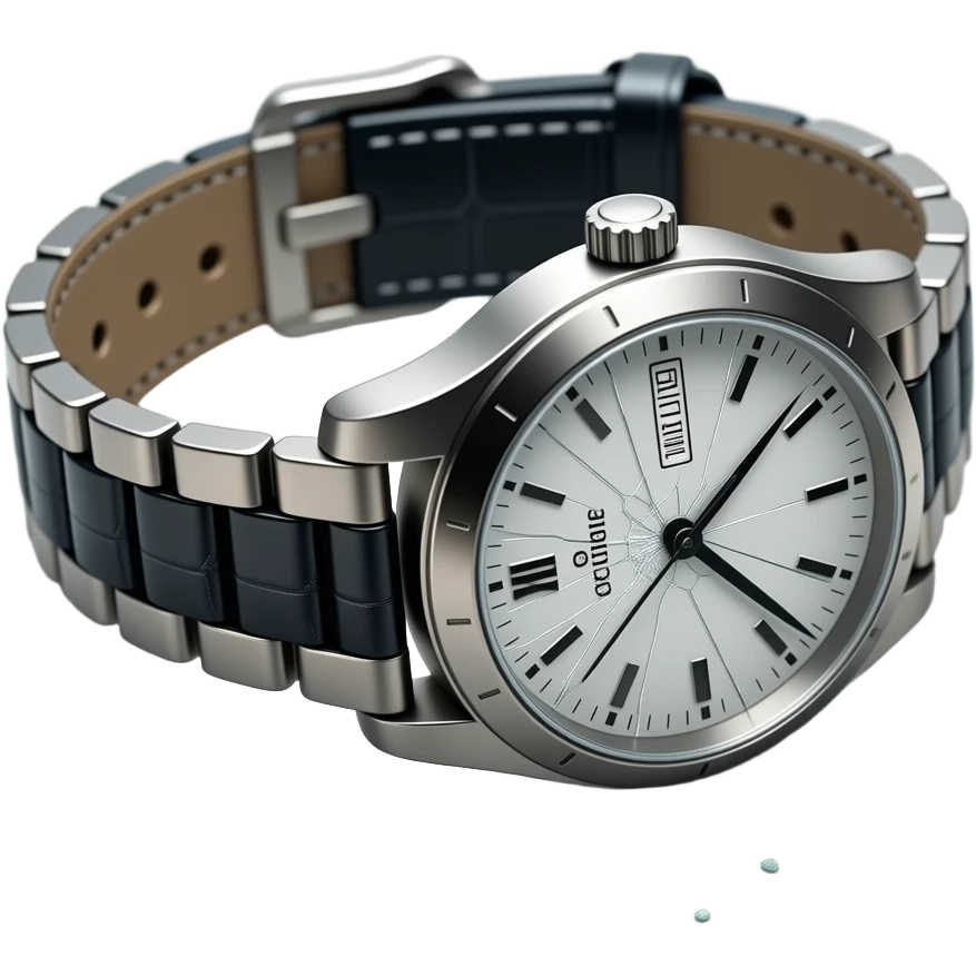 A wristwatch fallen on the ground with its glass cracked and slightly shattered. The strap is twisted, small glass fragments scattered nearby. Subtle scratches on the surface, suggesting impact. Soft dramatic lighting, no people, clean floor background, realistic and detailed. emoji