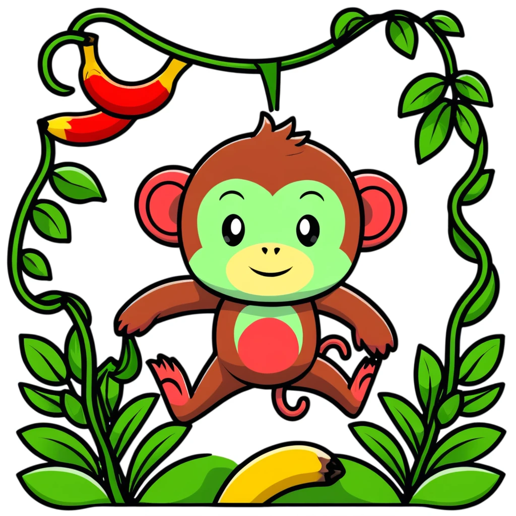 A surreal hybrid creature that is half monkey (top) and half banana (bottom). Green monkey with red facial features on top, and an opened banana peel forming the lower body. In a lush jungle environment with hanging vines and tropical foliage emoji
