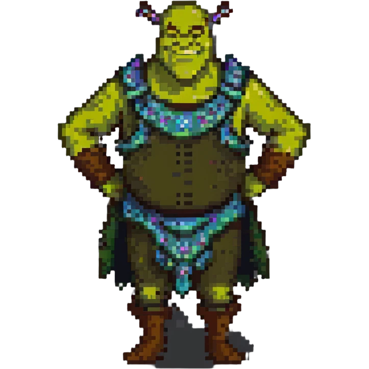 pixel art Shrek, smiling, hands on hips, simple background emoji
