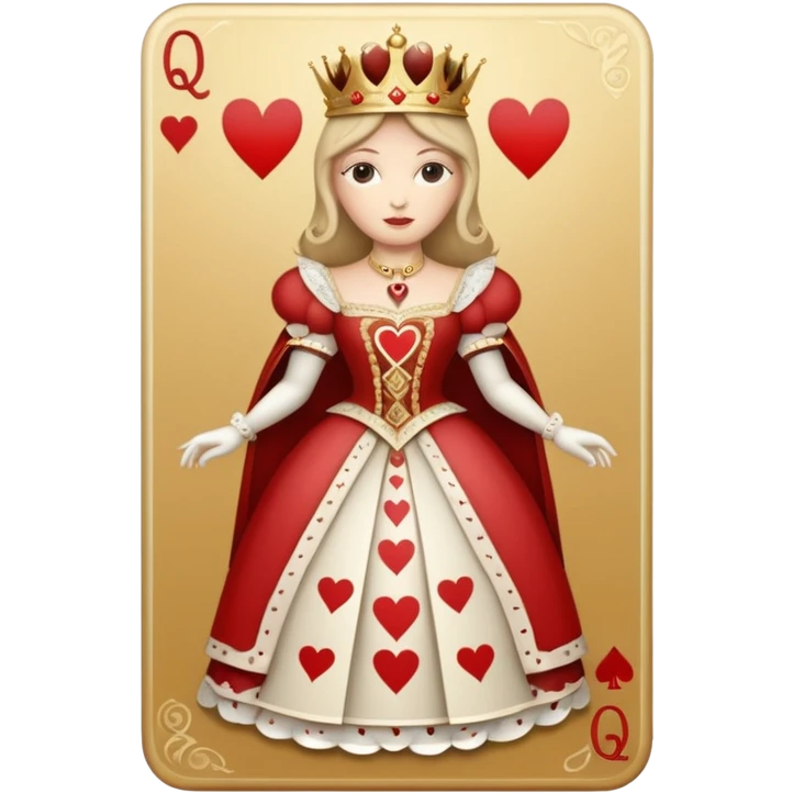 a playing beige and white card depicting the Queen of Hearts in gold emoji