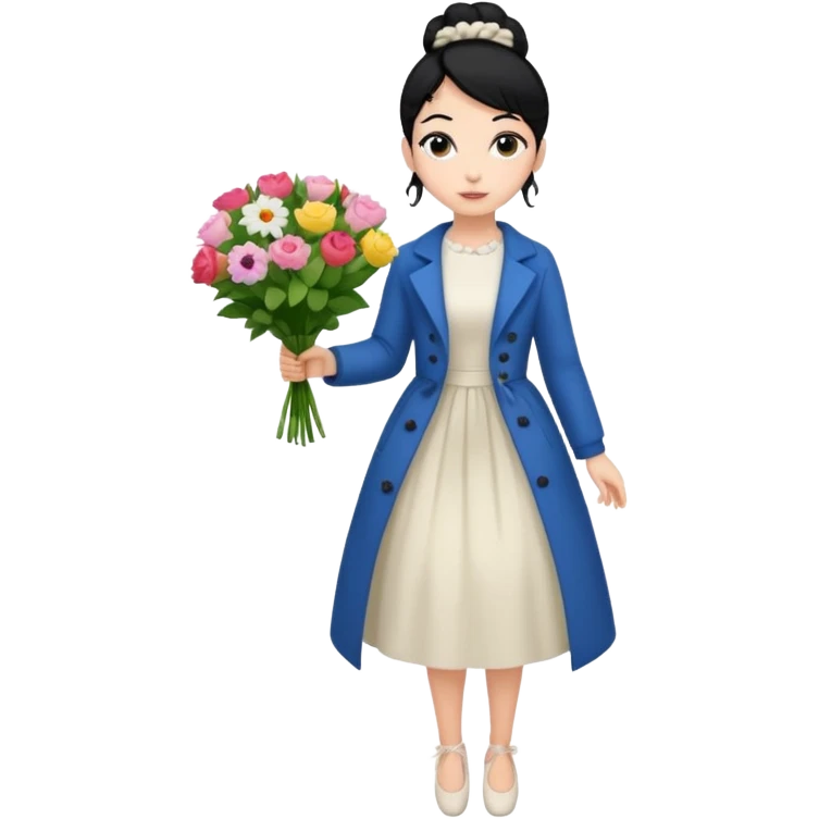 Chica blanca,cuerpo entero, vestido fiesta blanco ,manga larga ,con abrigo, pelo negro,    ramo de flores una mano, pelo recogido en moño alto emoji