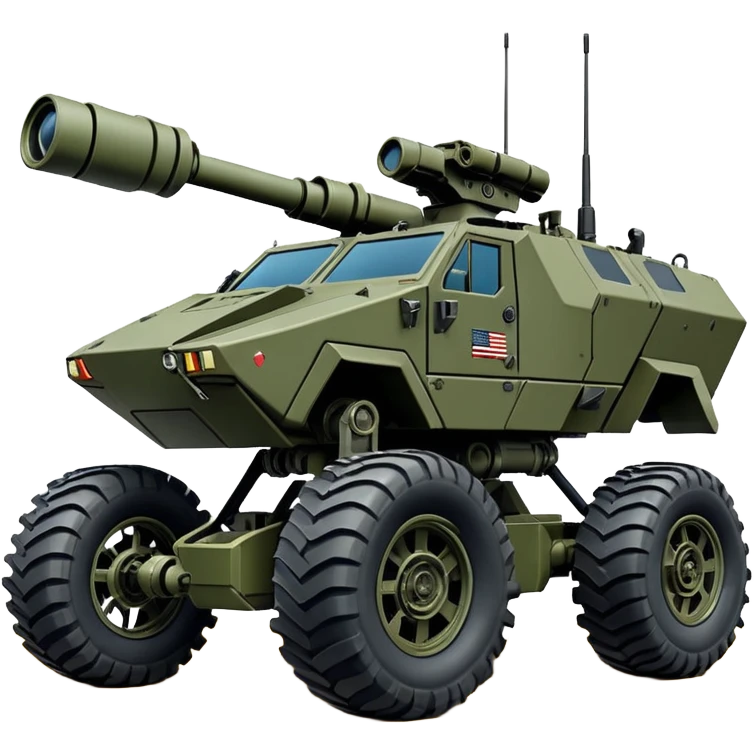 a roomy American 4-wheel armored personnel stealth camouflage army massive mech trail vehicle shooting forward side-hill leaning actively articulating hydraulic independent suspended pod gimbal enemy mech off-road racing rover with large fast engine RC basher megatron  emoji