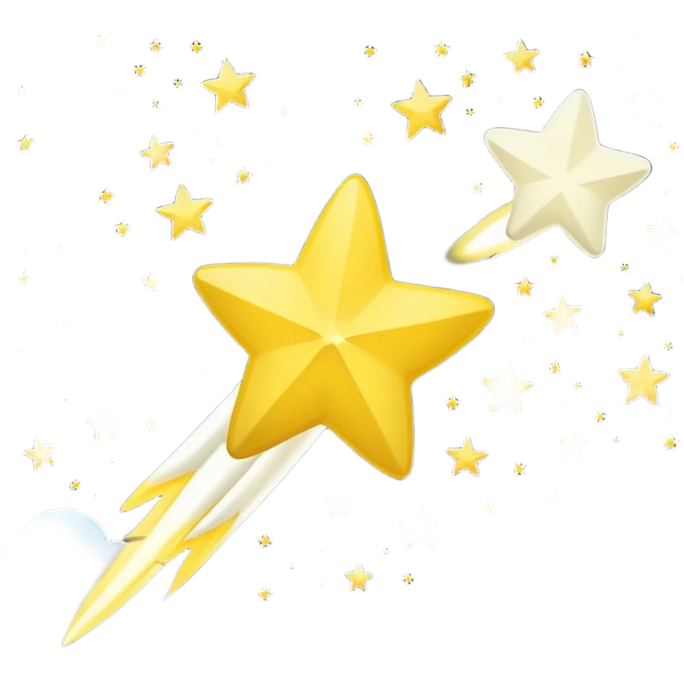 Generate a high-quality image of a shooting star streaking across the night sky, bright glowing yellow and white tail, realistic shading and lighting, no facial features, no brand markings, simple dark background, high-resolution.
 emoji