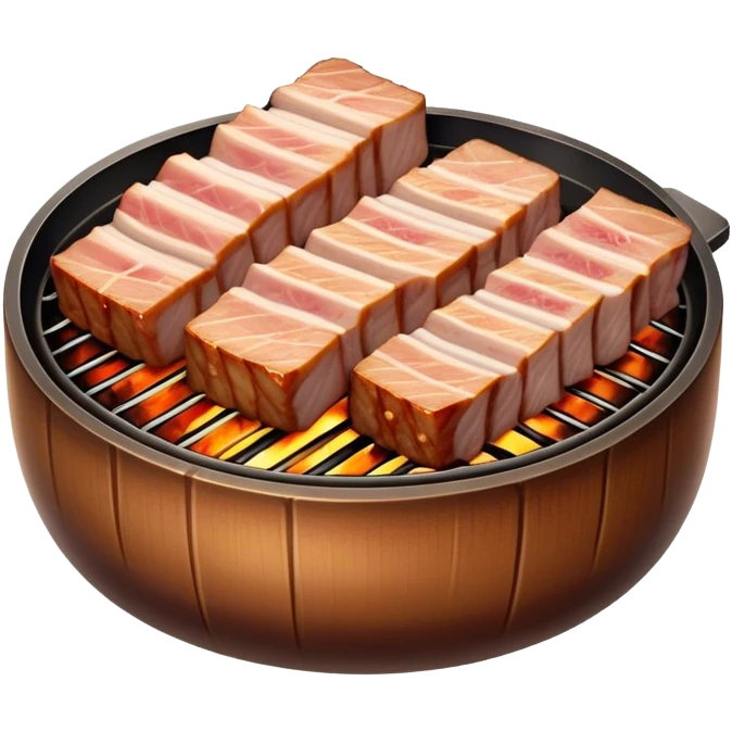 Cinematic Realistic Samgyeopsal Dish Emoji, depicted with sizzling, thick slices of pork belly grilled to perfection rendered with rich textures and warm, inviting lighting. emoji