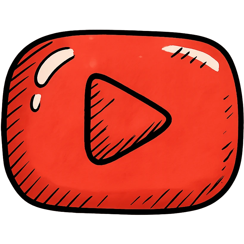 plump rounded YouTube play button logo in red, very soft puffy cartoonish shape, bold black outlines, expressive shadows, glossy highlights, no background, juicy inflated cartoon letter style emoji
