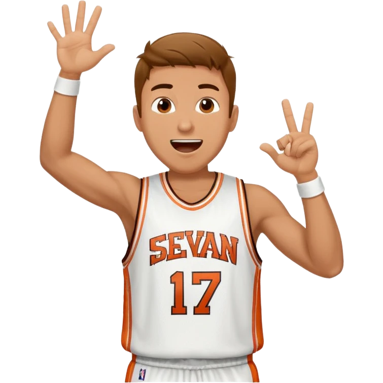 Maverick Trevillian in the crowd at an amateur basketball game. He leans towards the camera and enthusiastically shouts "six seven while performing a distinctive hand gesture: both hands open, palms facing upward, moving up and down as if weighing two options. emoji