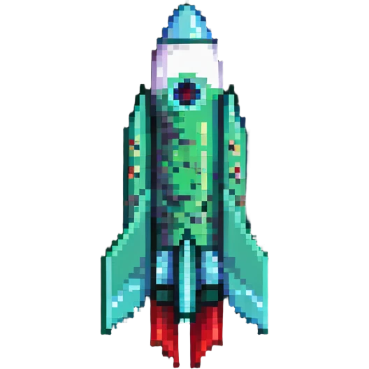 diagonal rocket flying to upper right, green body transitioning to red at the fins, pixel art style emoji