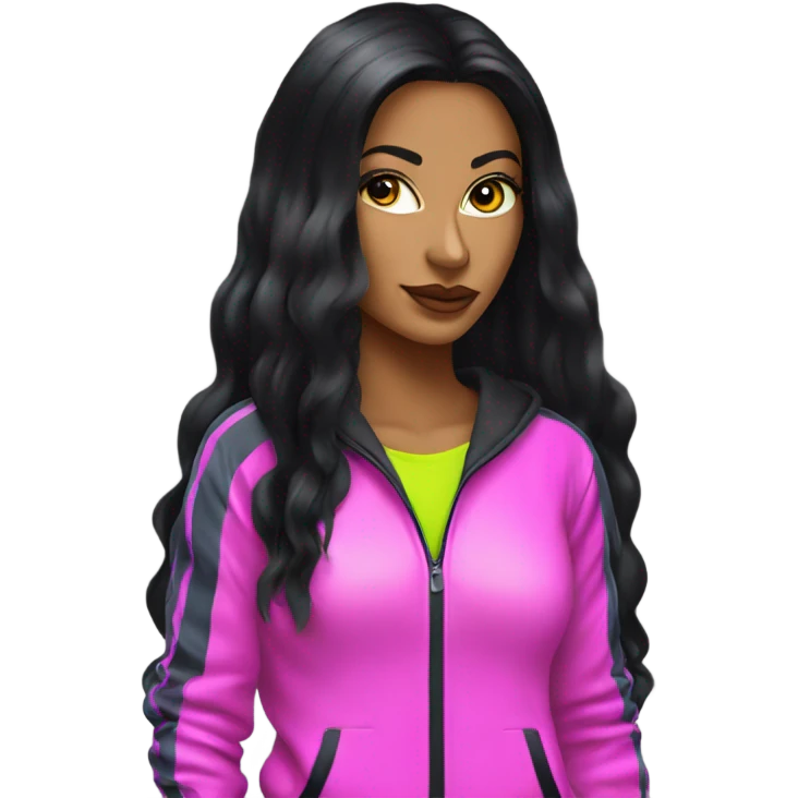 Tanned woman with long black hair, dressed in y2k  hair, makeup, and neon velvet tracksuit attire emoji