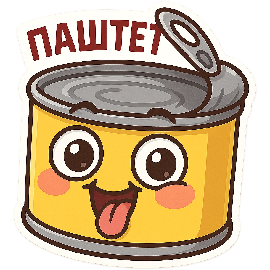 Funny pâté can character, smiling face with big eyes, goofy expression, cartoon style, chubby cute proportions, bright colors, playful illustration, meme-like vibe, text on top "ПАСТЕТ" in Cyrillic, bold and readable emoji