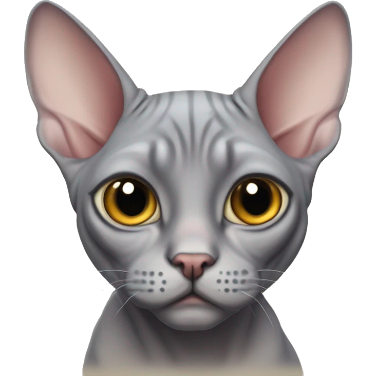 A very chubby, one-eyed gray sphynx cat emoji