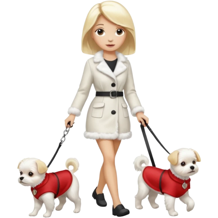 blonde woman, walking a small maltese dog. emoji