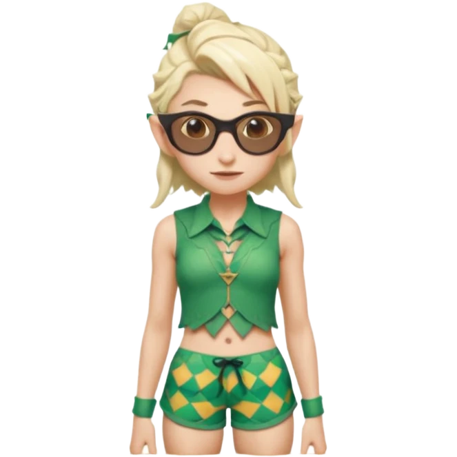 elf female legolas portrait, patterned board shorts (geometric/abstract), unique wooden-framed sunglasses, undercut hairstyle, slight smirk, visible pointy ears, no background, centered emoji, hipster summer vibe emoji