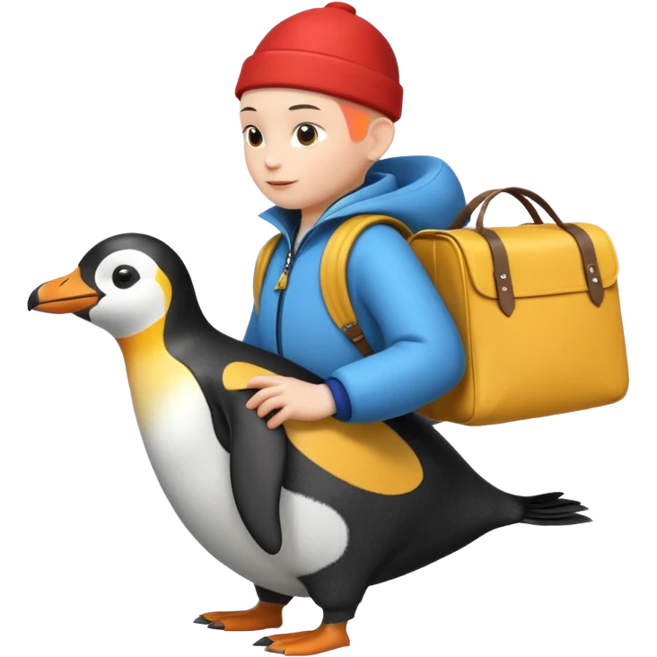 Una persona, vestida con ropa característica de peru sin pelo montado a espaldas de un pingüino con una bolsa de la empresa de reparto glovo en la espalda emoji