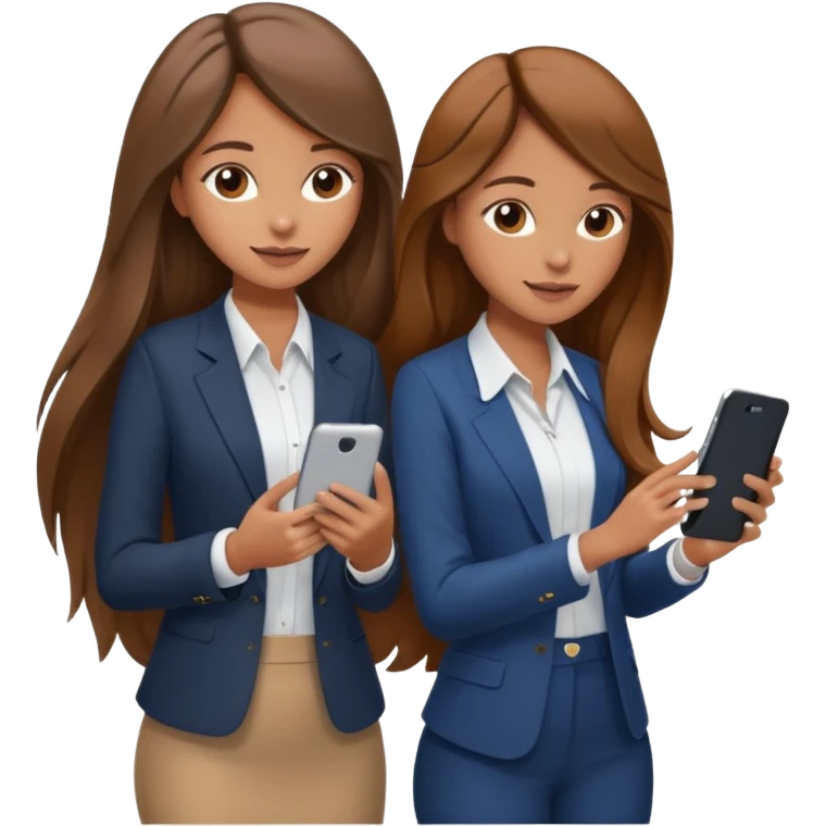 two brown haired girls, looking professional maybe leaned on each others back and looking forward and using phones, with long hair and one girl can hold lap top another one can hold the phone, professional clothes, more stylish emoji