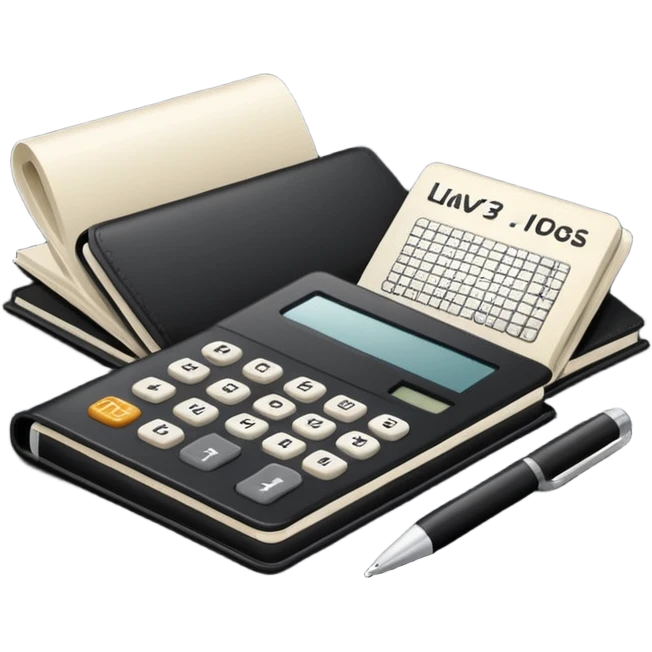 Minimalistic flat vector icon, iOS style, thin black contour on white background. Small black notebook with visible binding, placed next to a calculator. Clean, modern, no text, no shadows. emoji