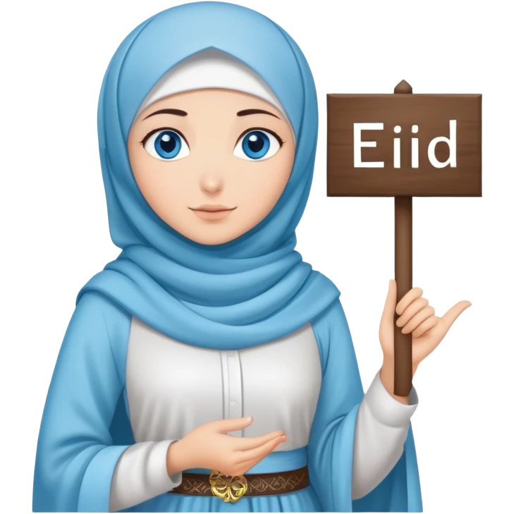 Turkish beautiful finish Konya girl blue eyes with cloudy hijab islamic long tailed dress and had on her hand text Eid Mubarak  emoji