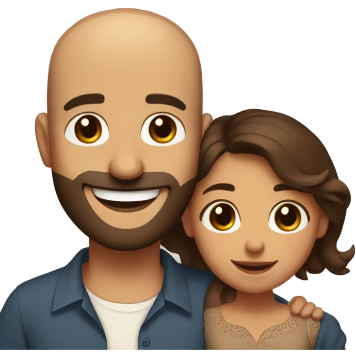Brown-haired Puerto Rican woman with dark brown eyes wearing a cute blouse giving comforting hug to short, bald man with brown eyes, laugh lines, and a beard emoji