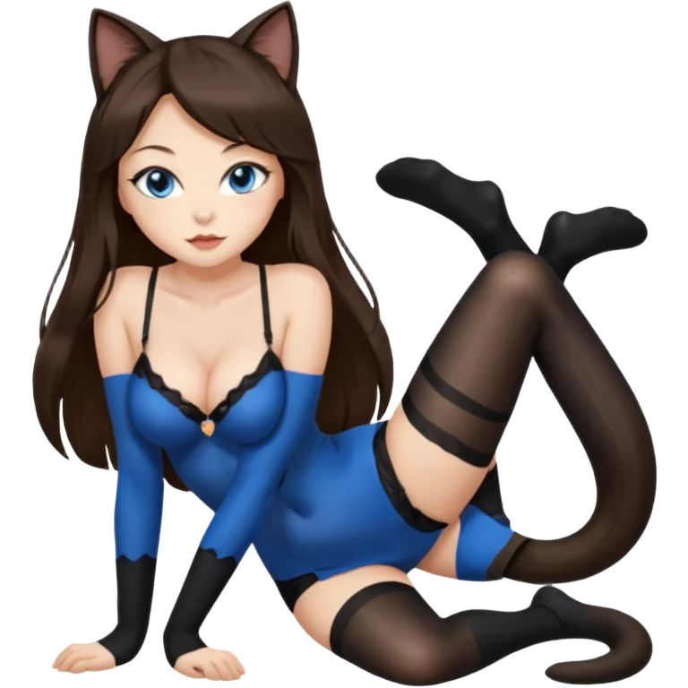 Buxom brunette super long hair intimate sfw blue eyes Asian black nylon stocking pose cat girl emoji