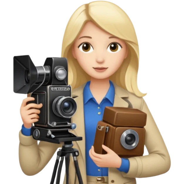 A brunette girl , she’s a proud and successful filmmaker 🍿🌍✨ she’s next to a tall, set camera, / holding awards  emoji