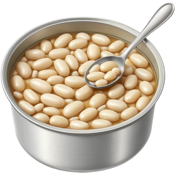open tin can filled with plump glossy white beans in light slightly starchy broth, smooth oval beans gently piled with natural glisten, metallic shallow partially opened can, no label spoon or garnish, soft lighting, subtle shadows, emoji scale emoji
