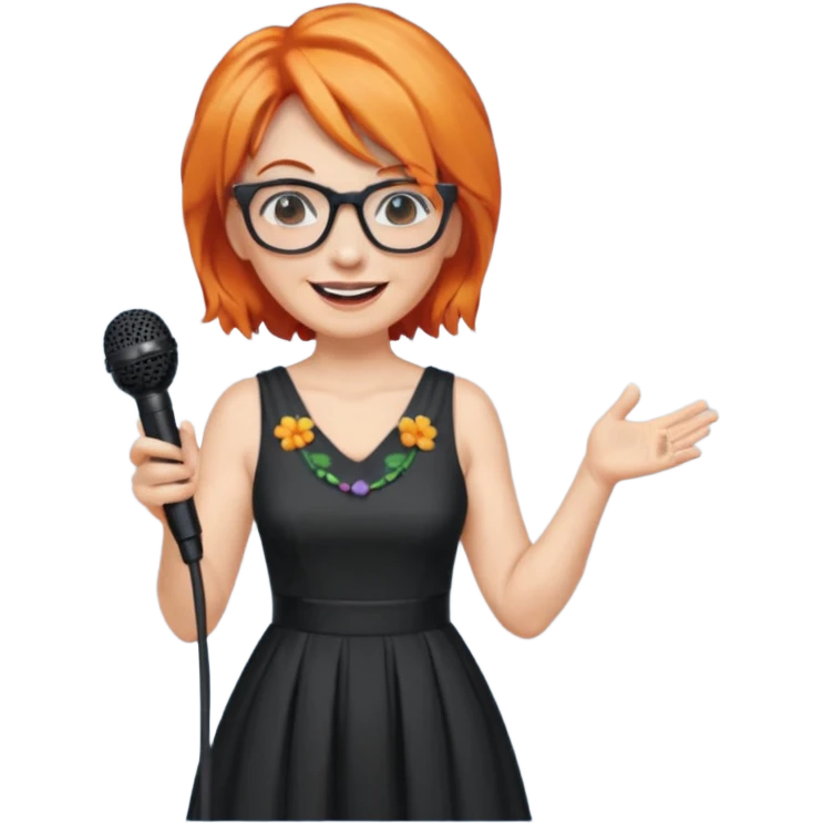 singer, Middle age, orange hair, happy, holding mic, wearing dress, glasses emoji