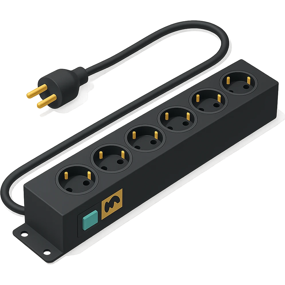 A 19-inch telecommunications power distribution unit in a 3D style, using a color palette of three colors (5EC6F1/F9DCAF/353946) emoji