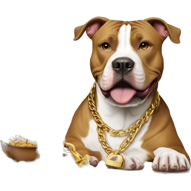 A dog pitbull with a big gold chain on that says “G-UNIT” and a bowl of dog food right next to the dog that says “G-UNIT” on the bowl  emoji