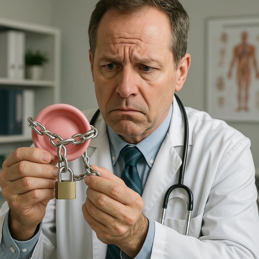 realistic doctor showing a diaphragm locked with a chain, worried expression, realistic details, medical office, no comic elements, hyper realistic style emoji