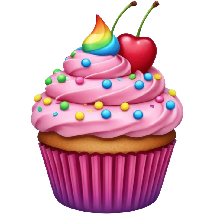 Cupcake with pink icing rainbow sprinkles and a cherry on top emoji