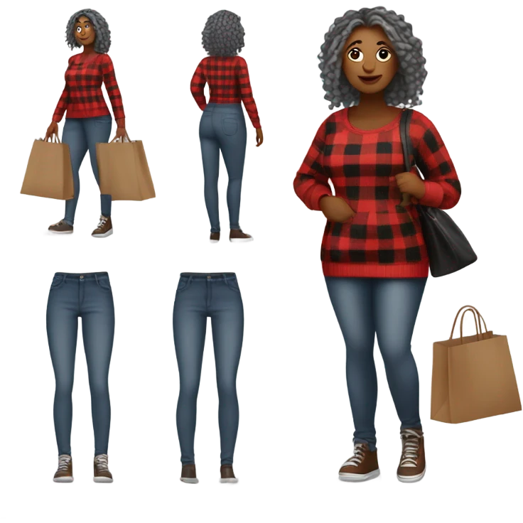 Curvy woman gray locs in pants shopping.  curvy woman is brown with red locs in a skirt with plaid sweater shopping emoji