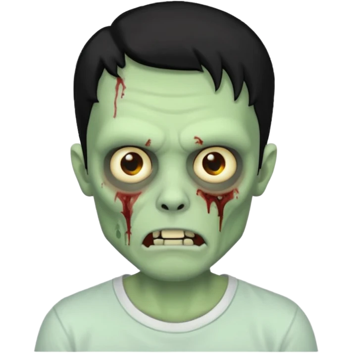 Rosto de frente classico de zombie boca meio torta cabelos pretos no corte low fade com pele verde clara camiseta branca emoji