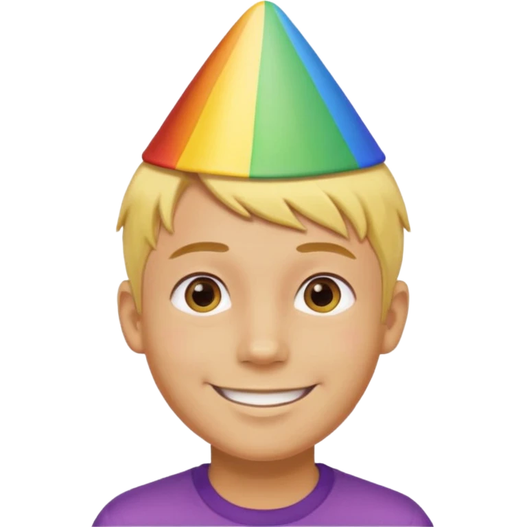 Young man, short yellow hair, rainbow birthday hat, happy emoji