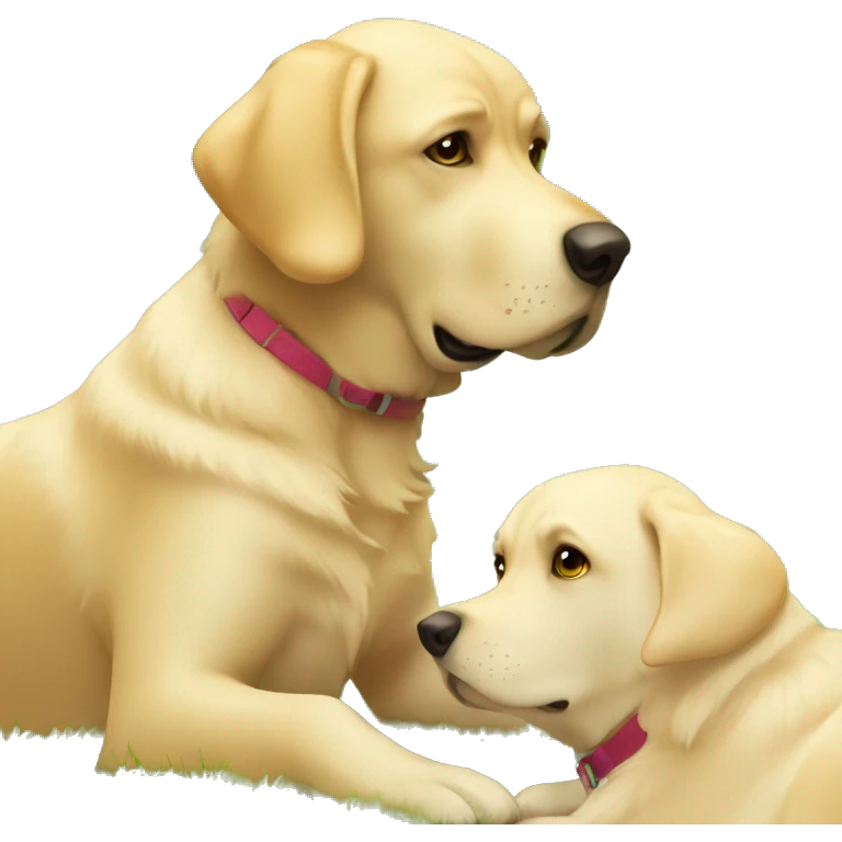 A cartoon labrador dog with bubble thinking about going on a hike in the park with a blonde girl emoji