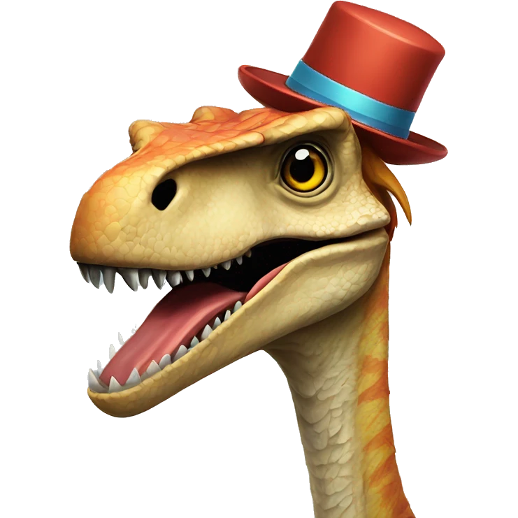 A Velociraptor wearing a party hat and blowing a tiny kazoo emoji