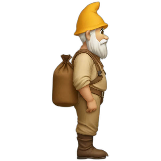 side view of gnome with light tan pants squatting on top of small brown bag emoji